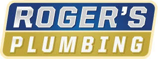 Logo with "Roger's Plumbing" in bold, uppercase letters. Blue and white "Roger's" text above gold "Plumbing" text, both on a light background.