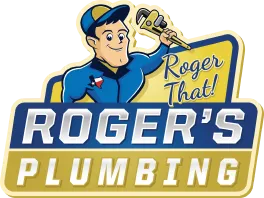 Cartoon plumber holding a wrench with "Roger That! Roger's Plumbing" text.