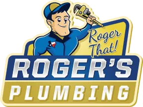 Cartoon plumber holding a wrench next to the text "Roger That! Roger's Plumbing".