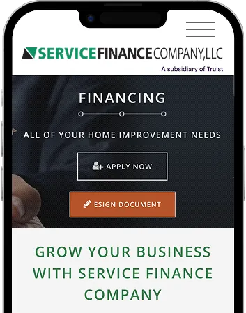 A smartphone screen displays the Service Finance Company website with financing options, "Apply Now" and "Esign Document" buttons, and a message to grow your business.